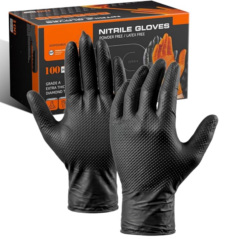 Rubber Glove Cleaning - 8ミルヘビーデューティー工業用オレンジ使い捨てニトリルグローブ、ダイヤモンドテクスチャ加工、耐引裂性、整備士の安全と作業用手袋