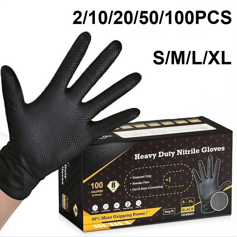 Nitrile Mechanic Glove - 2-100個 8ミルの頑丈な工業用黒ニトリル手袋、隆起したダイヤモンドテクスチャ、ラテックスフリー、メカニックの安全と作業用手袋用