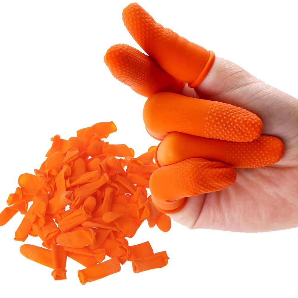 Rubber Glove Cleaning - 100 個クリーニングアクセサリーネイルアートツール天然ラテックスフィンガーカバーゴム手袋オレンジフィンガーコットプロテクター手袋