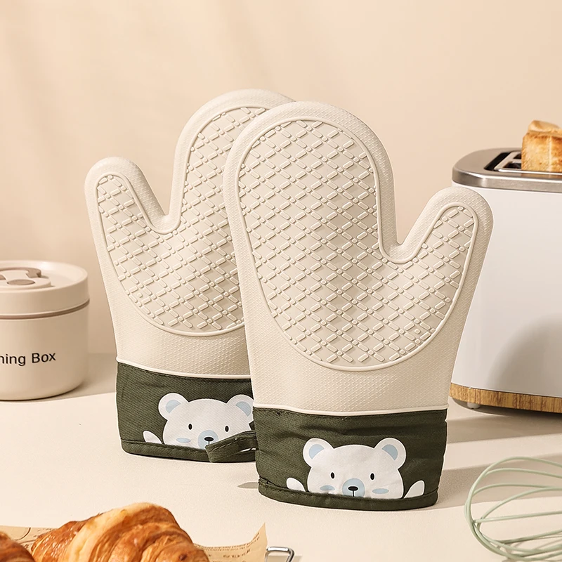 Oven Mitt Silicone - シリコン断熱手袋 厚手、滑り止め、高温オーブン用手袋 ベーキングや火傷防止用キッチンハンドクランプ