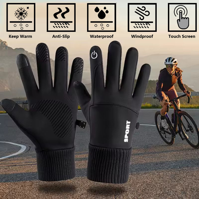 Ski Glove Waterproof - 黒色の冬用暖かいフルフィンガー防水サイクリングアウトドアスポーツランニングバイクスキータッチスクリーンフリースグローブ