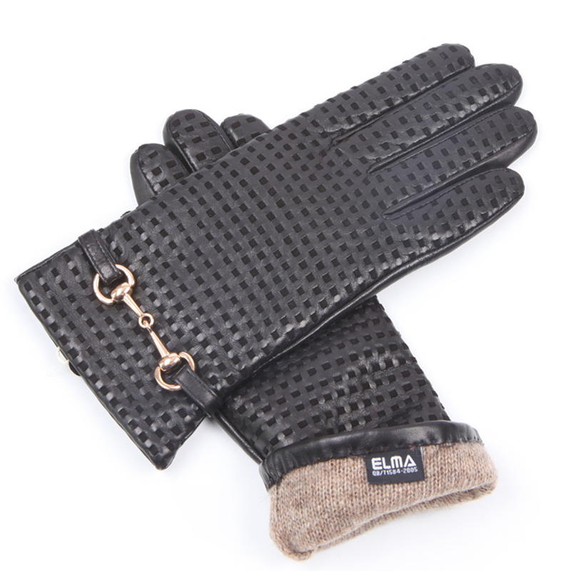 Wool Glove Lined - 秋冬本革手袋女性熱輸入シープスキンウールニット裏地金属装飾女性手袋 EL044