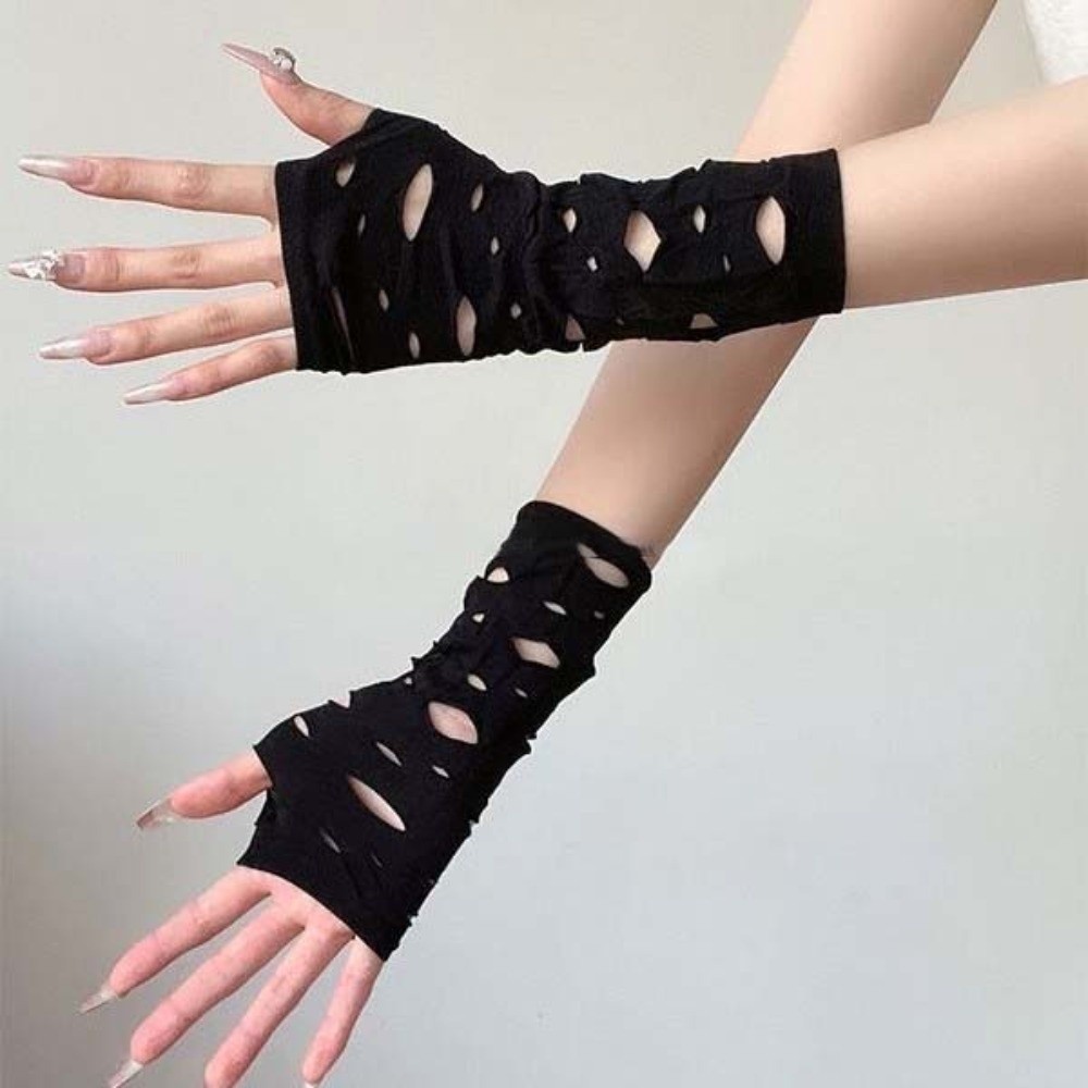スリーブカバー リップドアームウォーマー ブラック中空フィン - Fingerless Glove Knit のレビューと価格