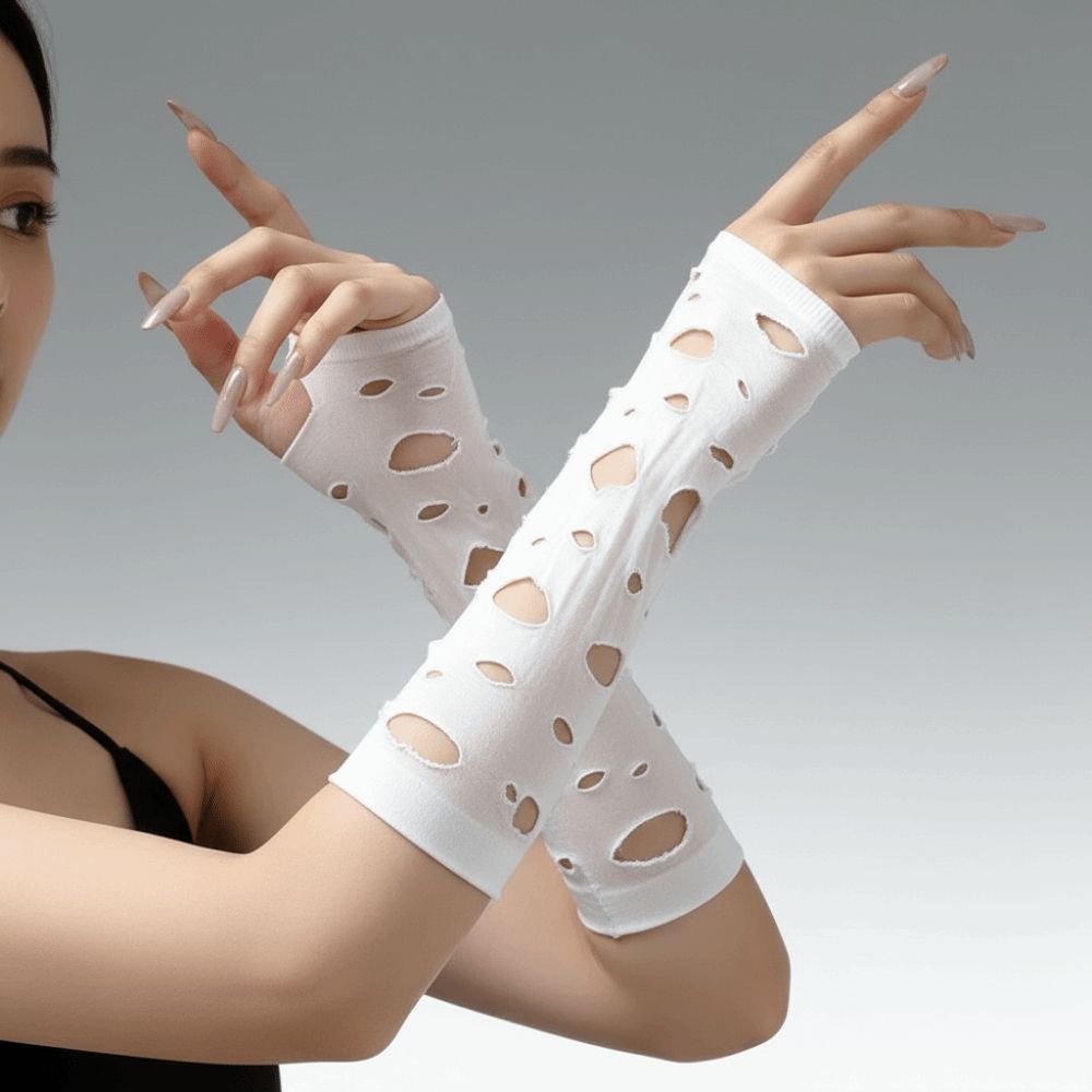 スリーブカバー リップドアームウォーマー ブラック中空フィン - Fingerless Glove Knit のレビューと価格